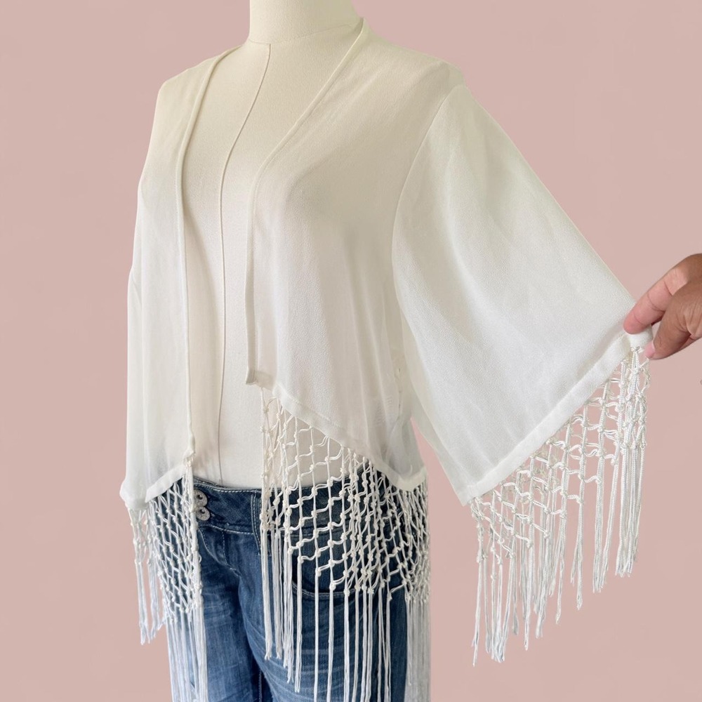 Women's Free Size White Boho Fringe Black Floral Embroidered Duster